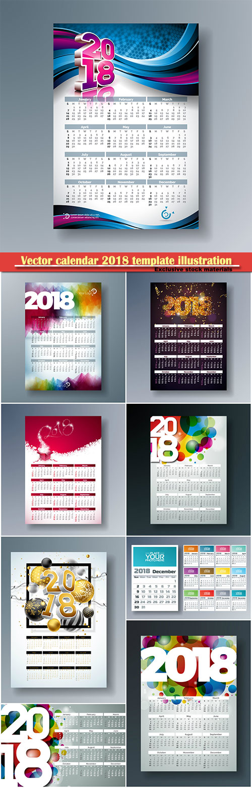Vector calendar 2018 template illustration with number on abstract colorful background