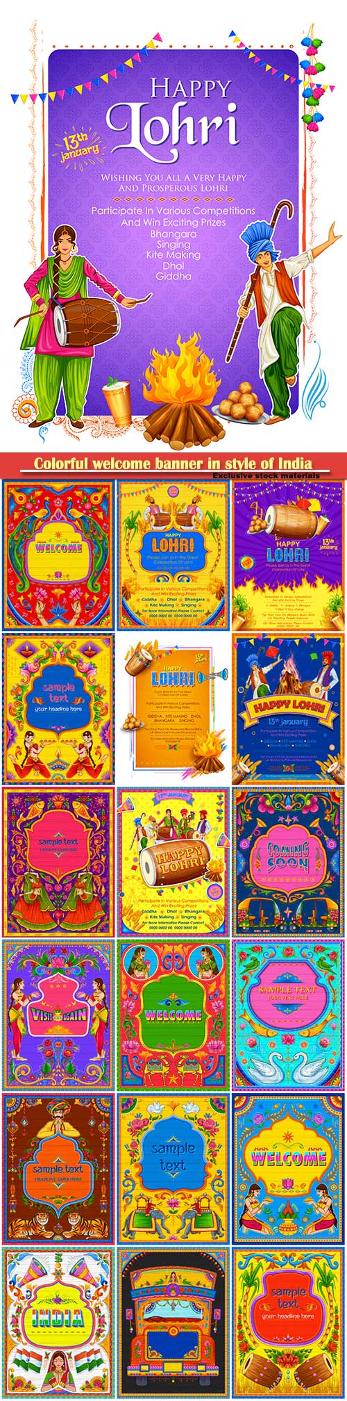 Vector illustration of colorful welcome banner in style of India