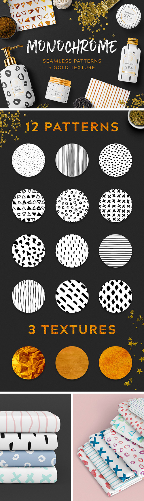 12 Monochrome Seamless Patterns + 3 Gold Textures