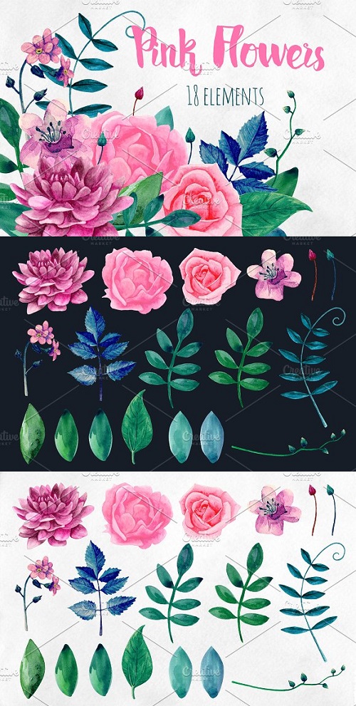 Watercolor pink flowers clip art - 2166646