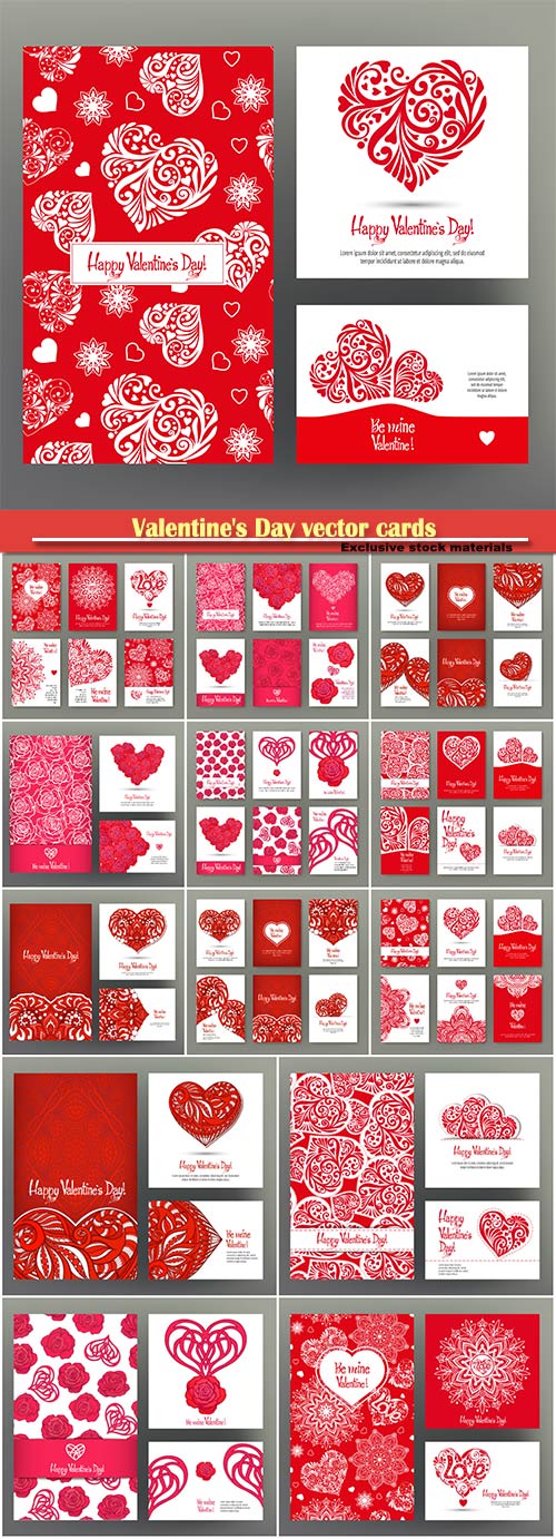 Valentine's Day vector cards or banners for with ornate red love hearts, red roses and beautiful design elements and inscriptions