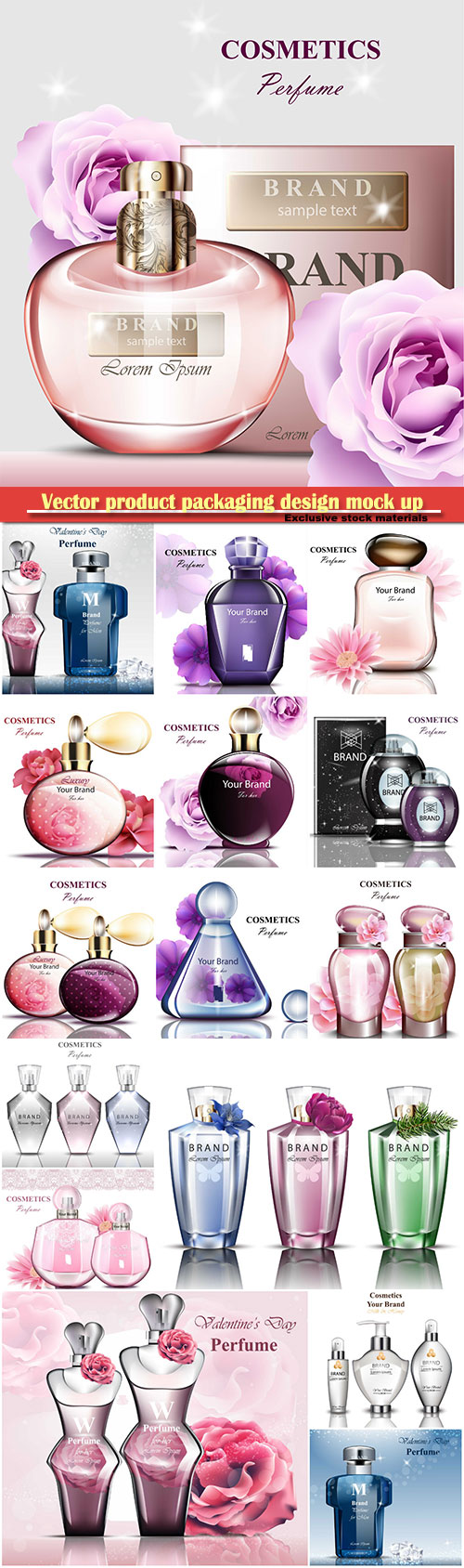 Realistic vector product packaging design mock up, perfume bottle