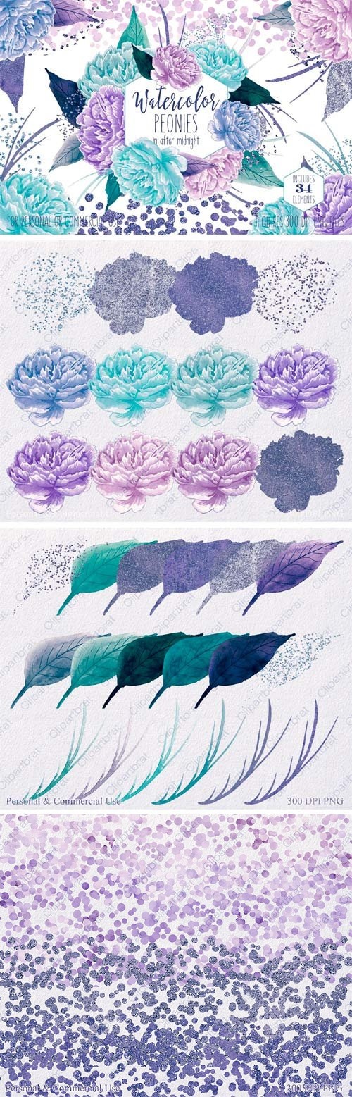 Watercolor Peony Flowers Teal Purple 2182471