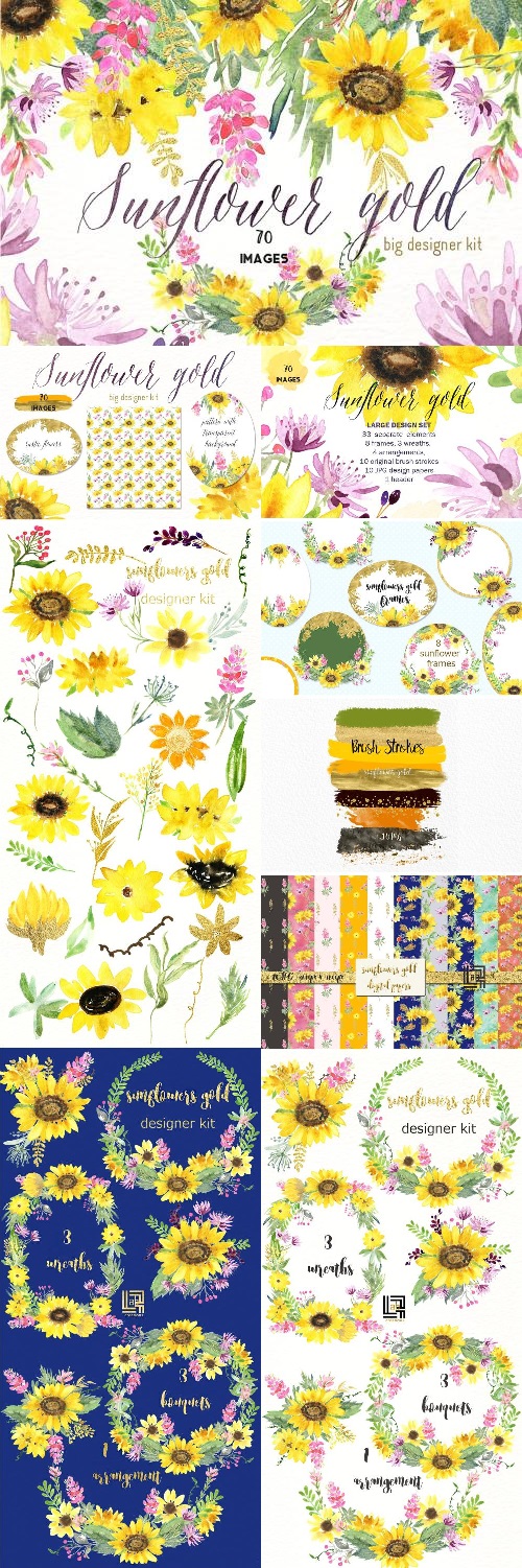 Sunflowers gold Watercolor clipart - 1522351