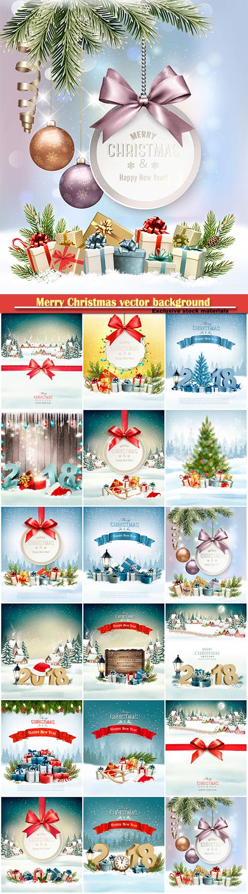 Merry Christmas vector background with branches of tree and colorful gift b ...