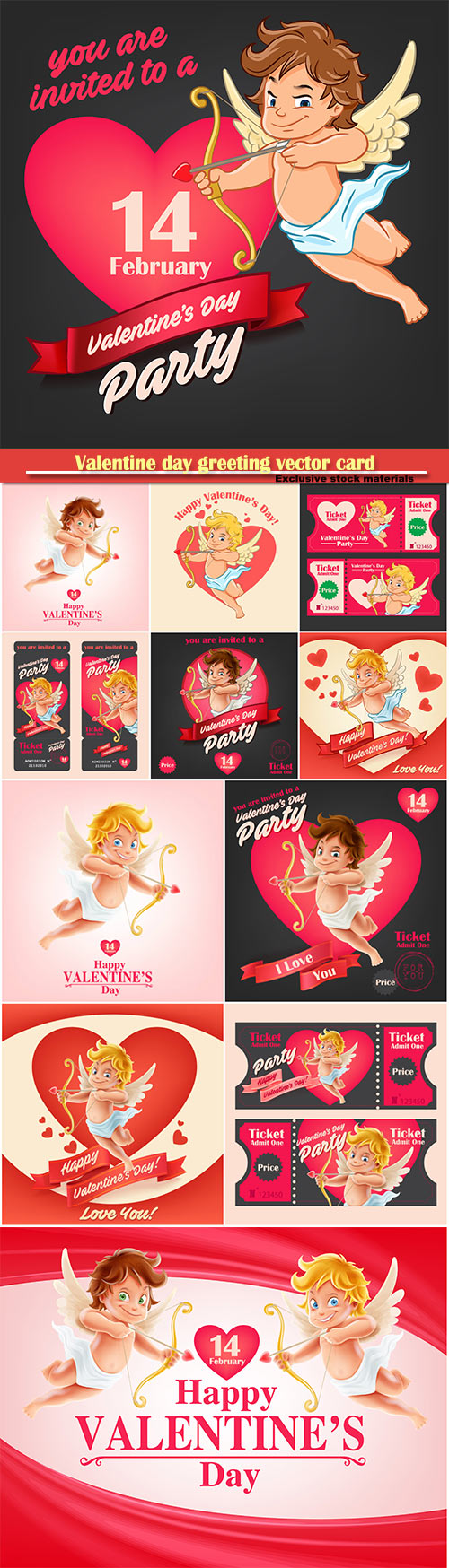 Valentine day greeting vector card, hearts i love you, cupids # 29