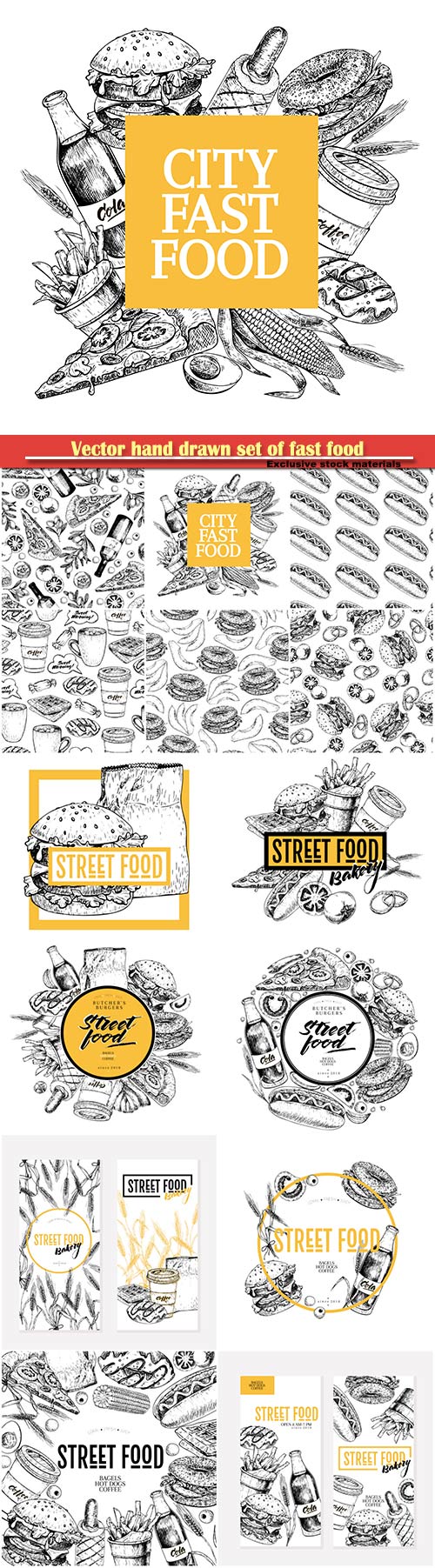 Vector hand drawn set of fast food, for restaurant, menu, street food, bakery, cafe