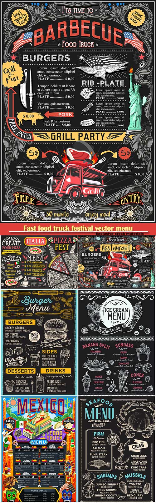 Fast food truck festival vector menu, BBQ grill brochure street food poster ...