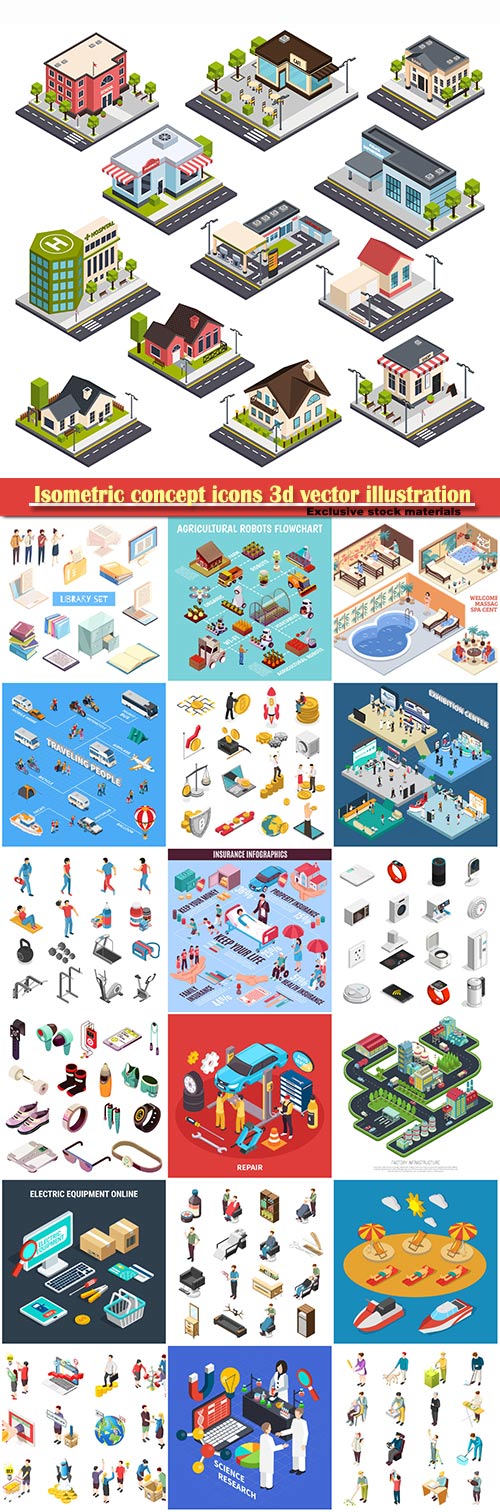 Isometric concept icons 3d vector set